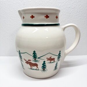 Vintage Santa Ana Crock Shop Hand Painted Moose Trees Stoneware Pitcher